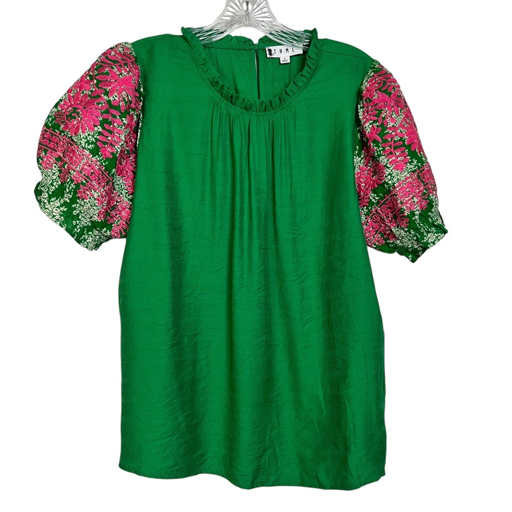THML Green Blouse with Pink Floral Sleeves